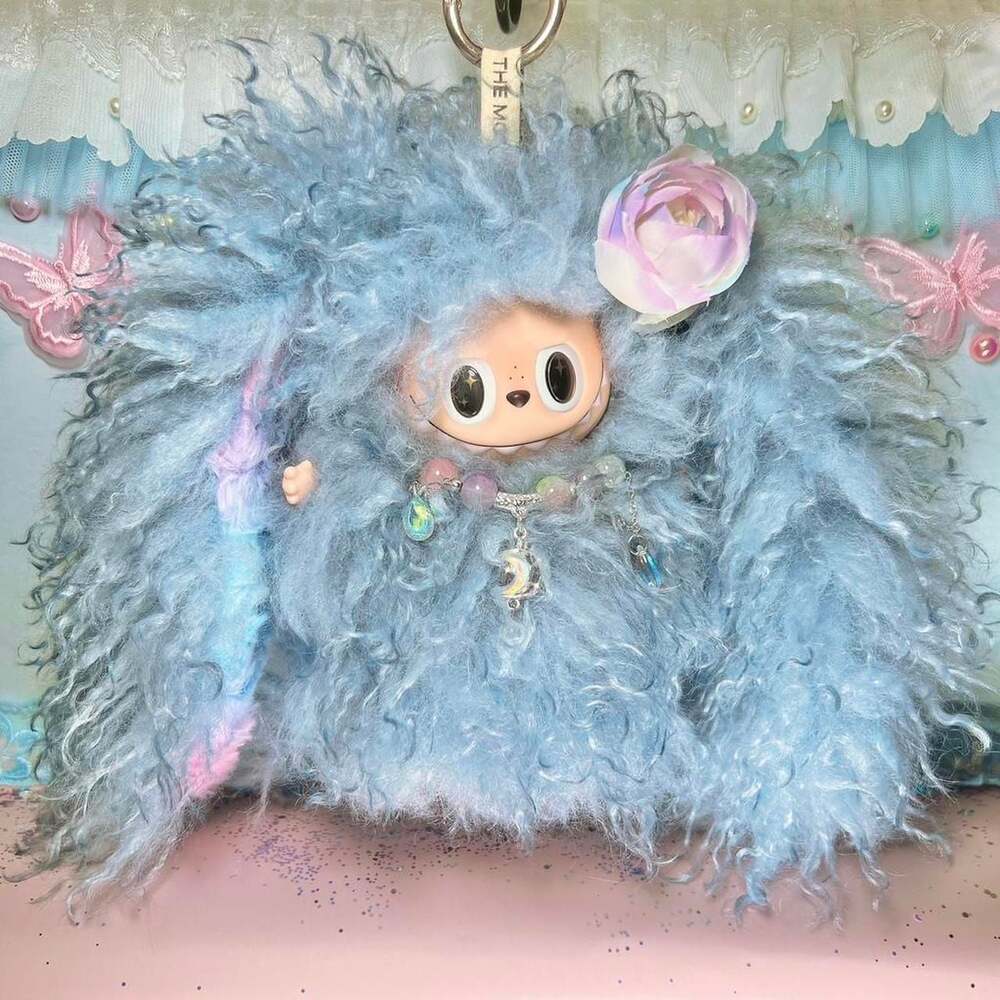 (55) Custom Labubu Pop Mart Plush - Handmade Blue Curly Fur with Magnetic Tail